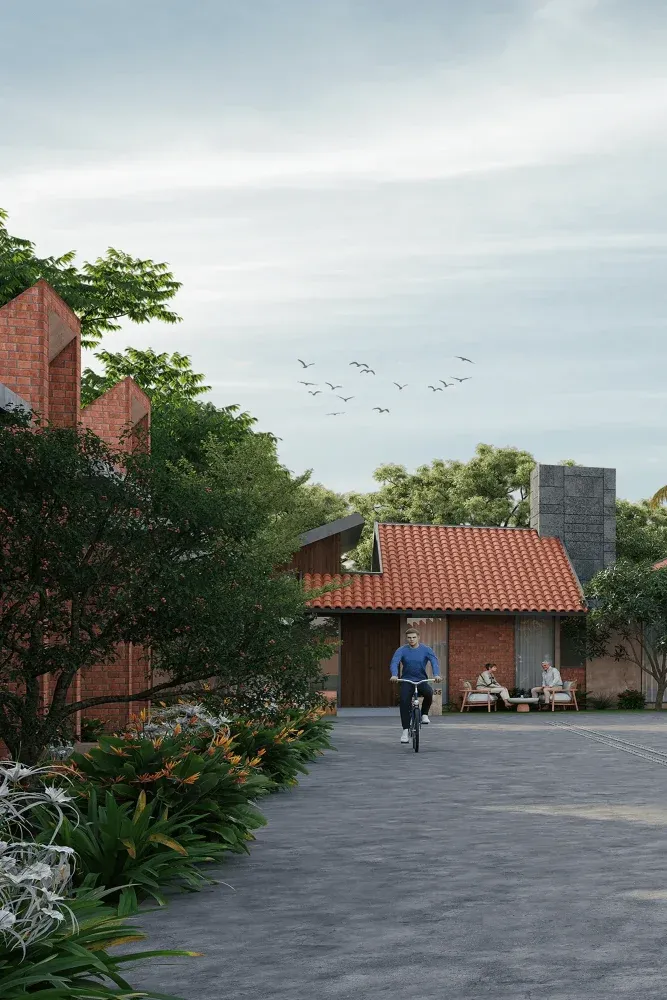 Tree-lined walkway between Nirvana villas