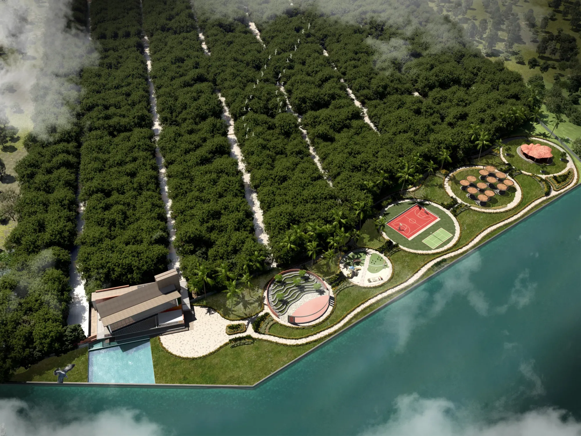 Aerial render of Woods Indresham: rows of trees, courts and pavilions beside a lake