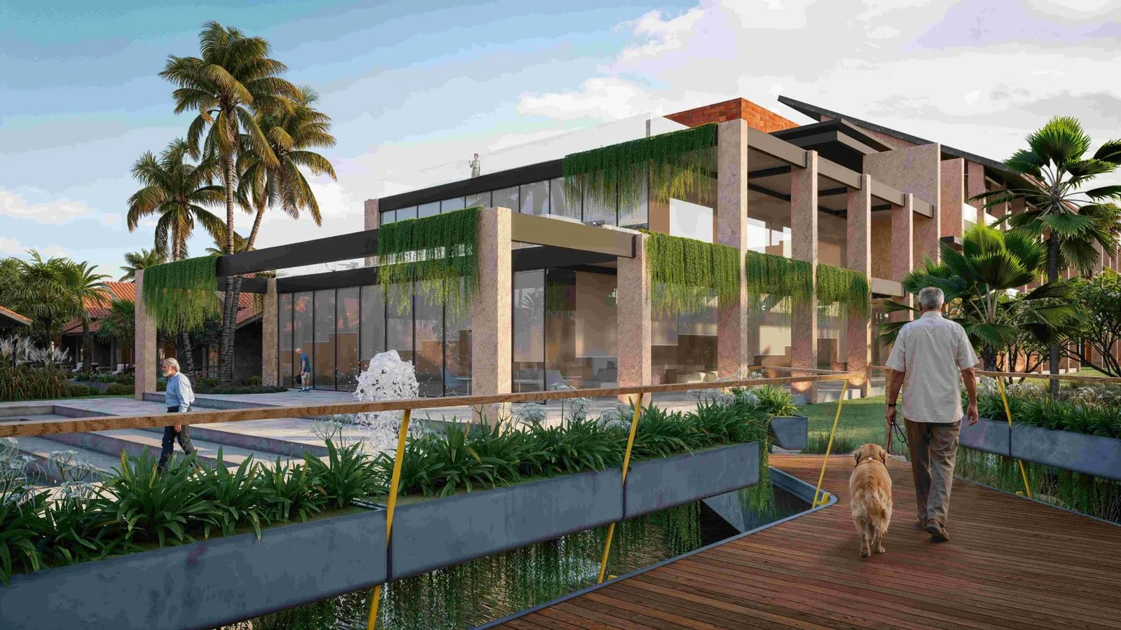Exterior of the Nirvana clubhouse with its pool terrace and landscaped garden