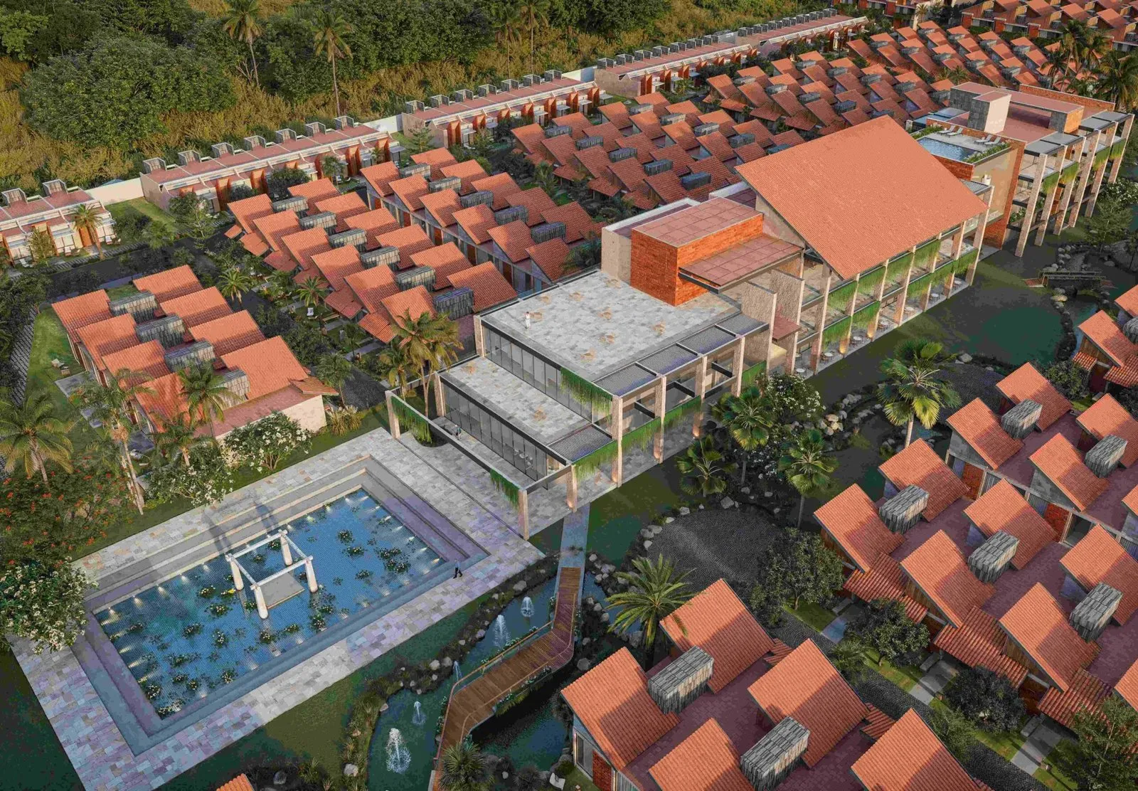 Aerial view of the Nirvana clubhouse, pool and villas