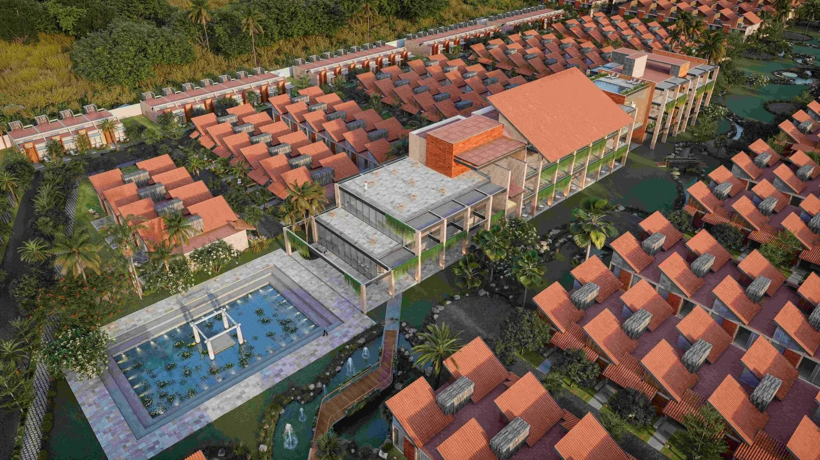 Aerial view of the Nirvana clubhouse, pool and villas