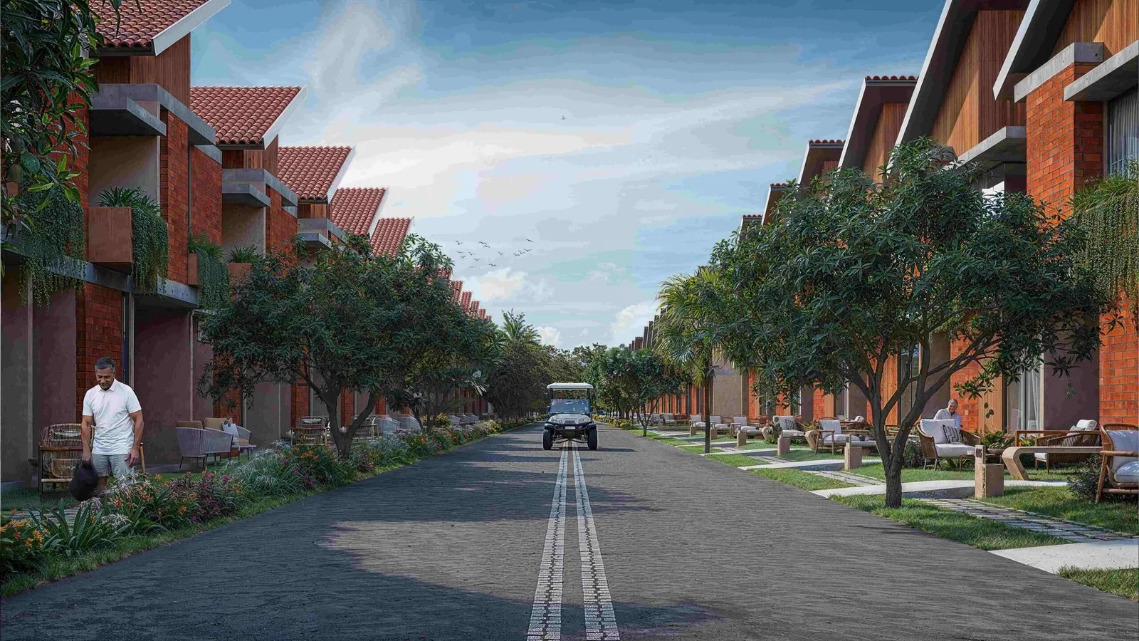 Tree-lined street between Nirvana villas