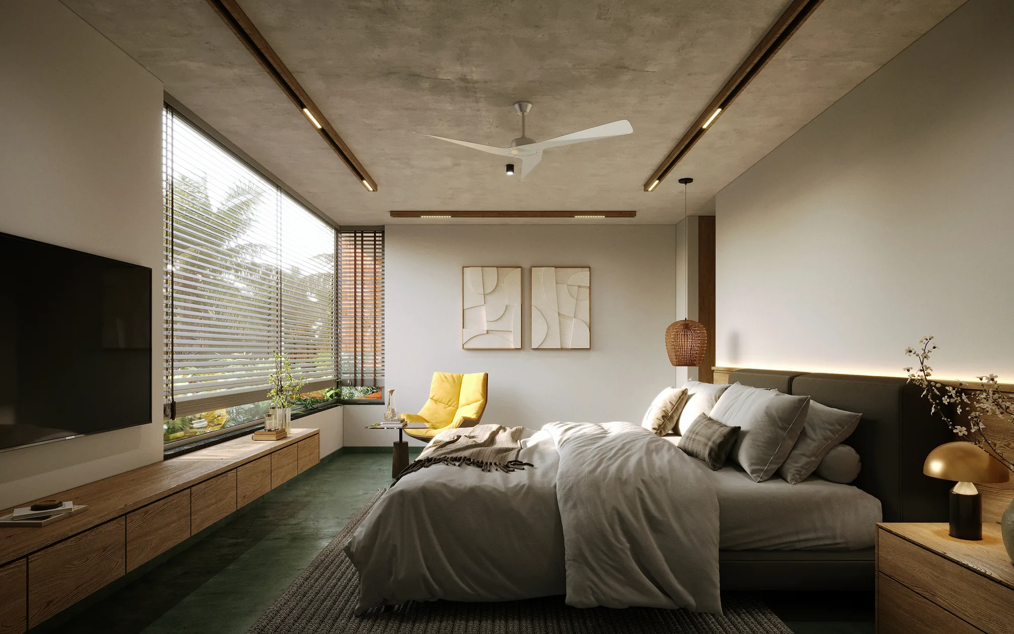 Illustrative bedroom interior rendering for Woods at Banjara Hills