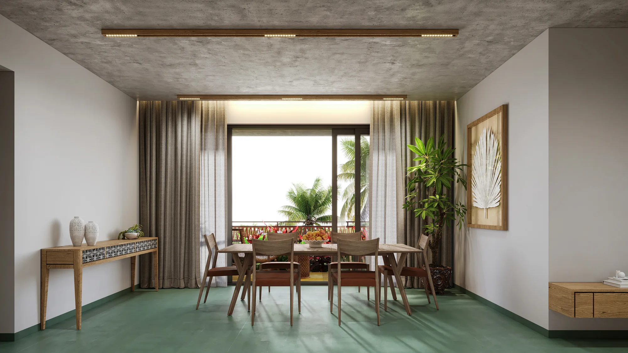 Illustrative dining room interior rendering for Woods at Banjara Hills